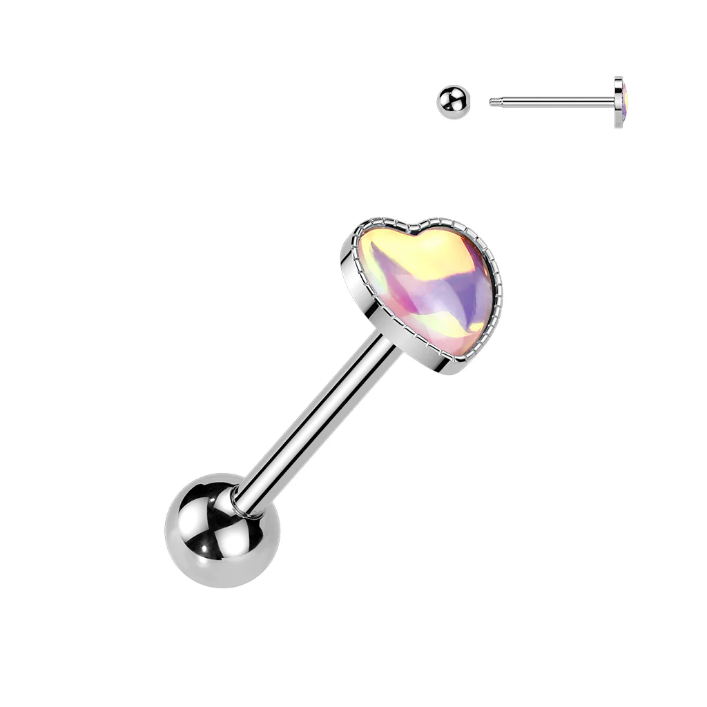 Cute! 316L Iridescent Stone Heart Barbell Tongue Rings - Image 4