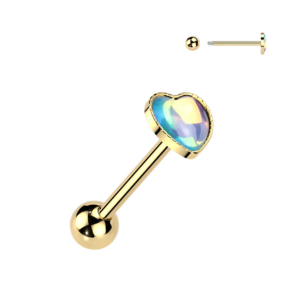 Cute! 316L Iridescent Stone Heart Barbell Tongue Rings - Image 7