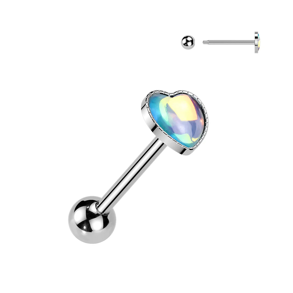 Cute! 316L Iridescent Stone Heart Barbell Tongue Rings - Image 8