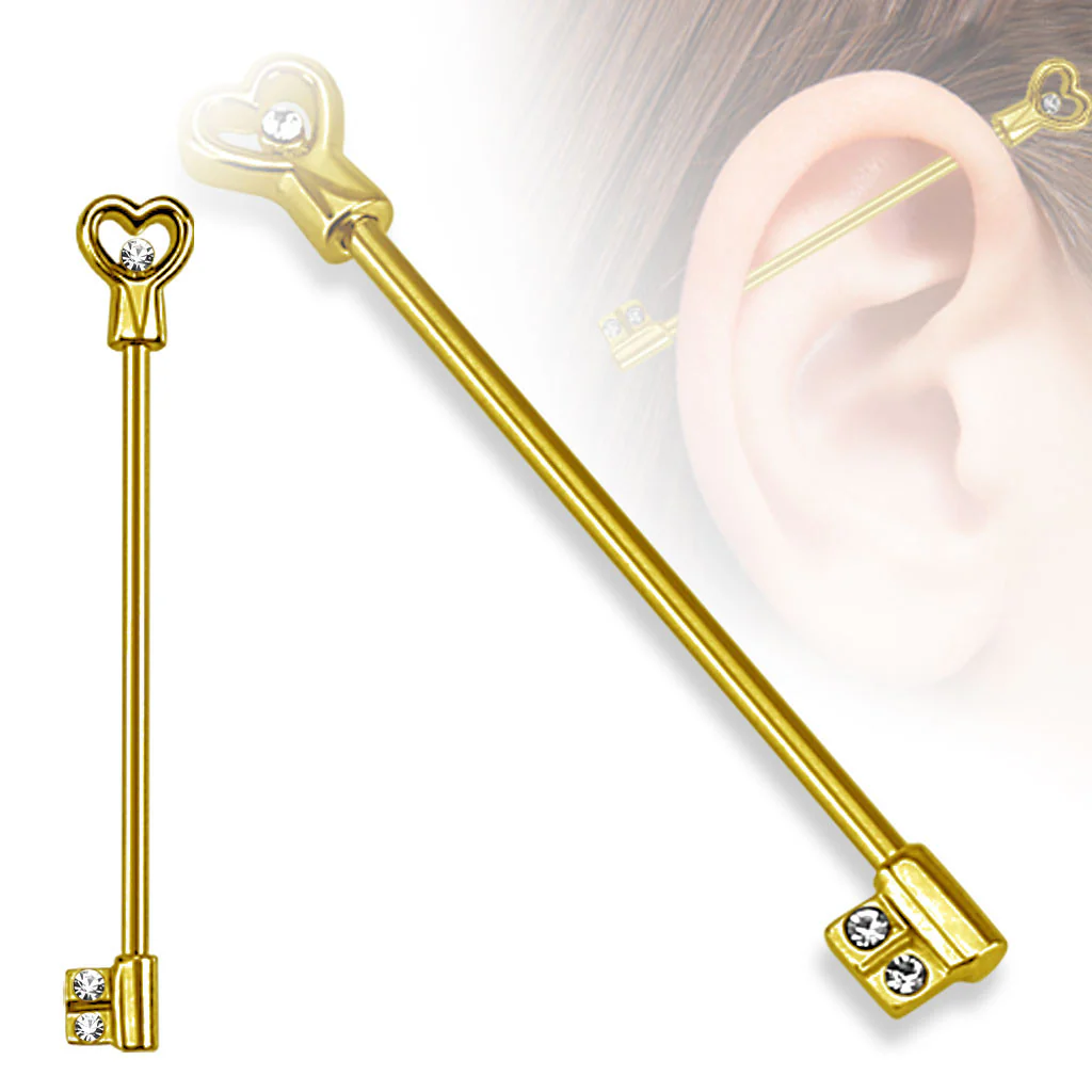 316L Surgical Steel Heart Key with CZs Industrial Barbell - Image 3