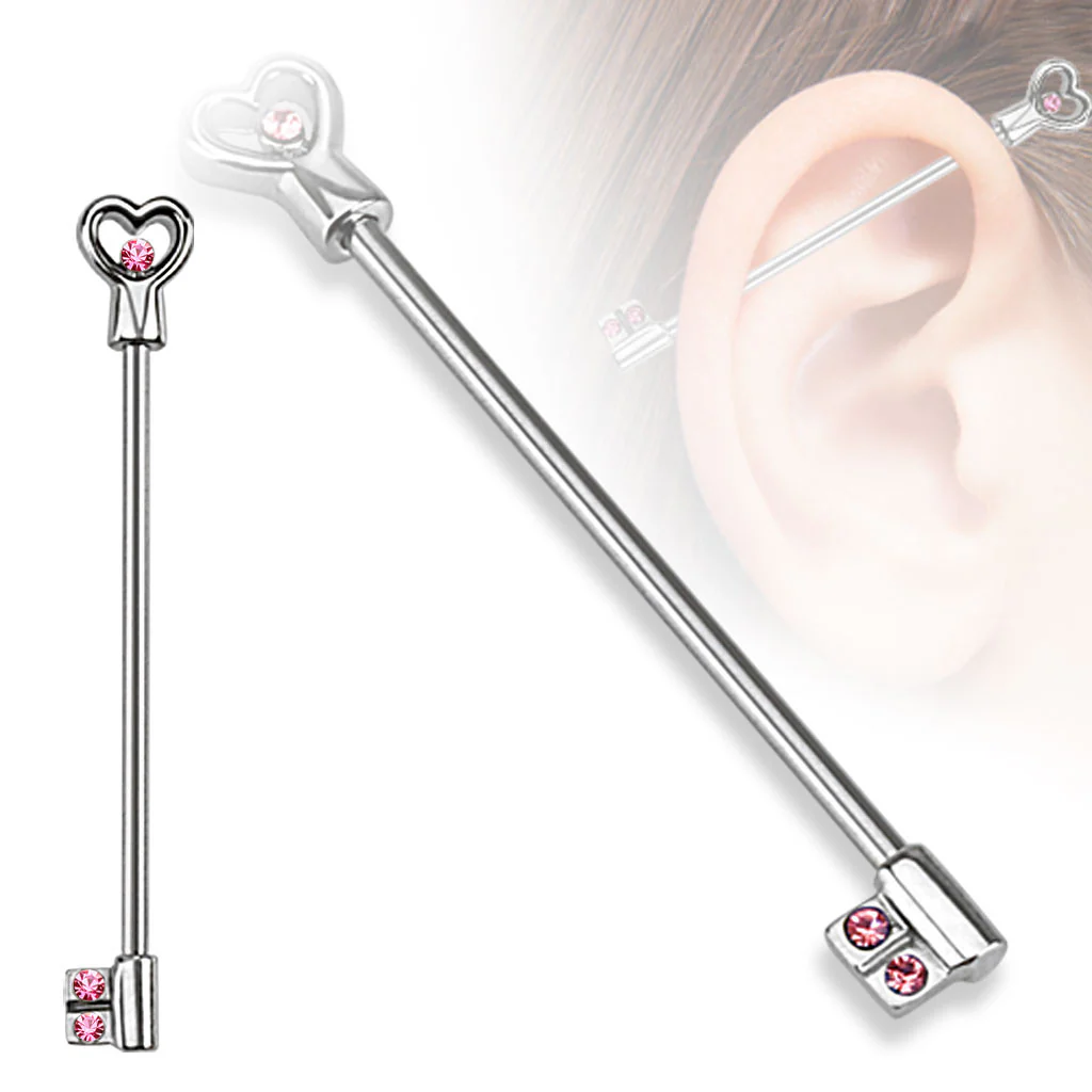 316L Surgical Steel Heart Key with CZs Industrial Barbell - Image 4