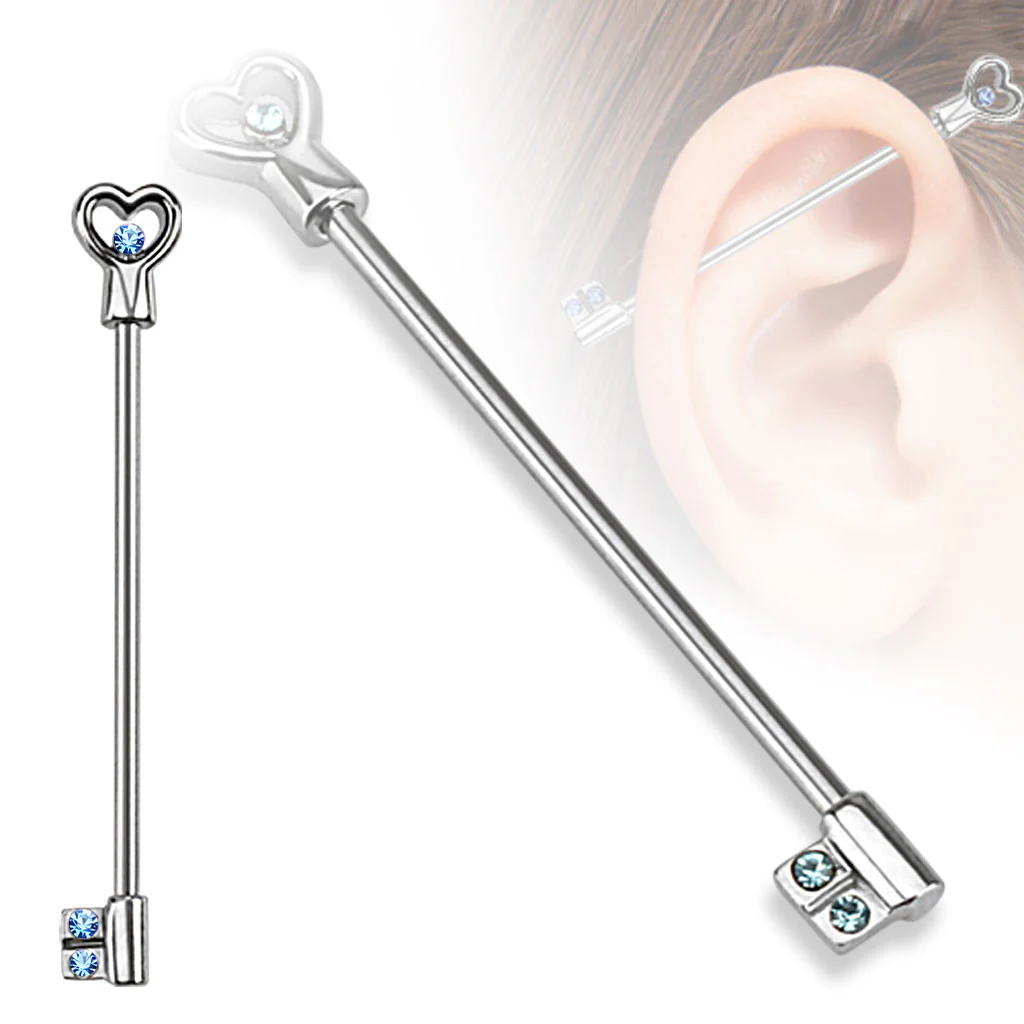 316L Surgical Steel Heart Key with CZs Industrial Barbell - Image 5