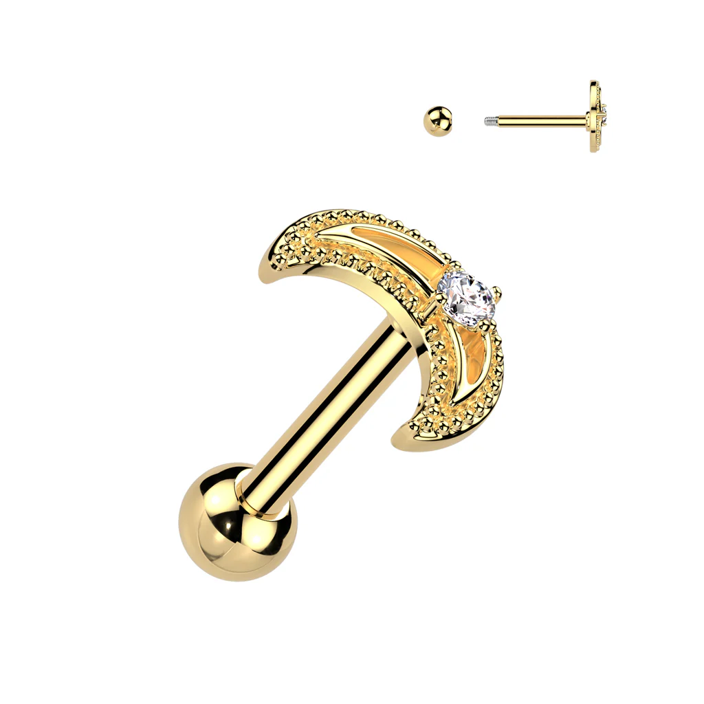 Crescent Moon With CZ Center Ear Cartilage Helix Daith Tragus Barbell Earrings - Image 2