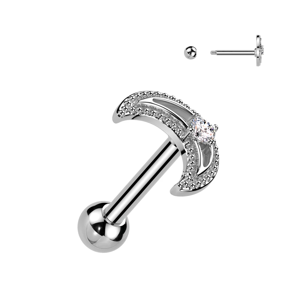 Crescent Moon With CZ Center Ear Cartilage Helix Daith Tragus Barbell Earrings - Image 3