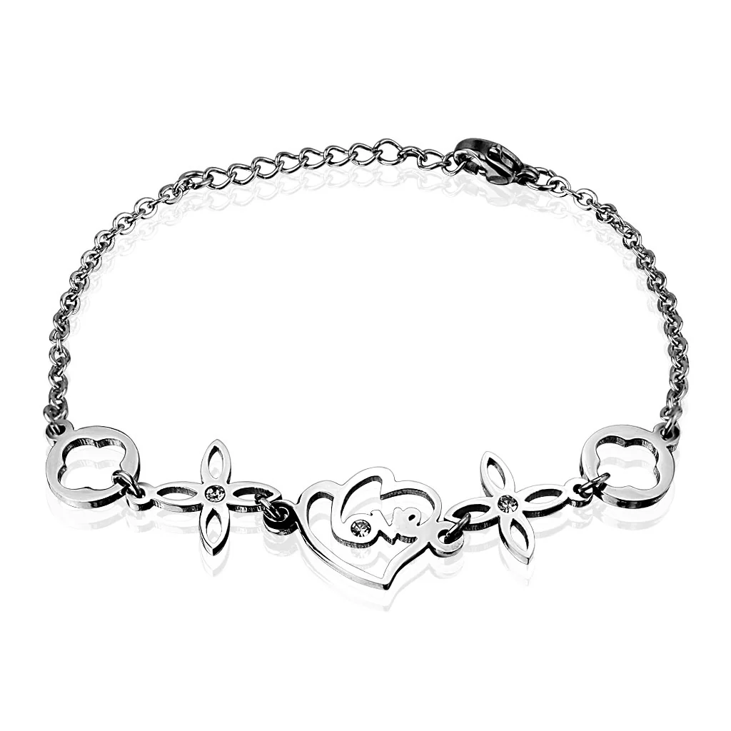 4 leafs Heart Flower CZ Stainless Steel Charm Bracelet
