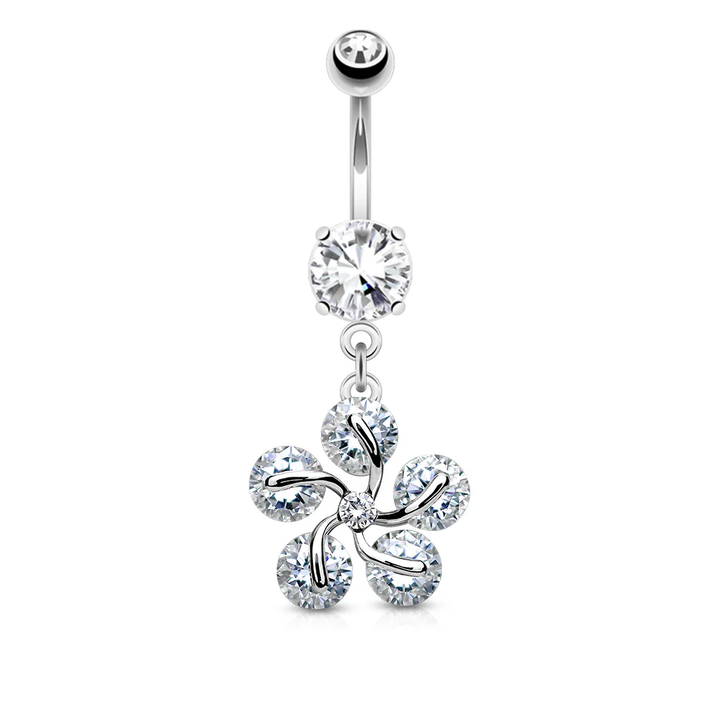 5 CZ Petals Flower Dangle Belly Button Navel Rings - Image 2