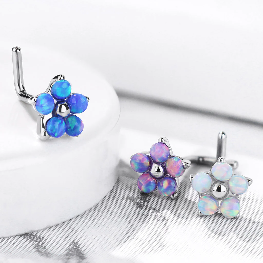 5 Opal Petals Flower Top Surgical Steel L Bend Nose Stud Rings