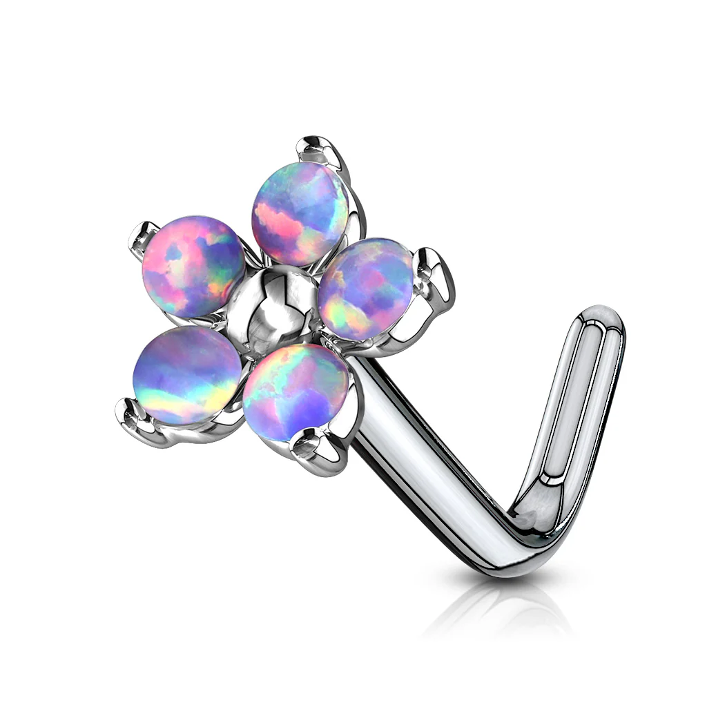 5 Opal Petals Flower Top Surgical Steel L Bend Nose Stud Rings - Image 2