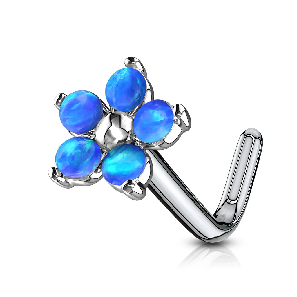 5 Opal Petals Flower Top Surgical Steel L Bend Nose Stud Rings - Image 3