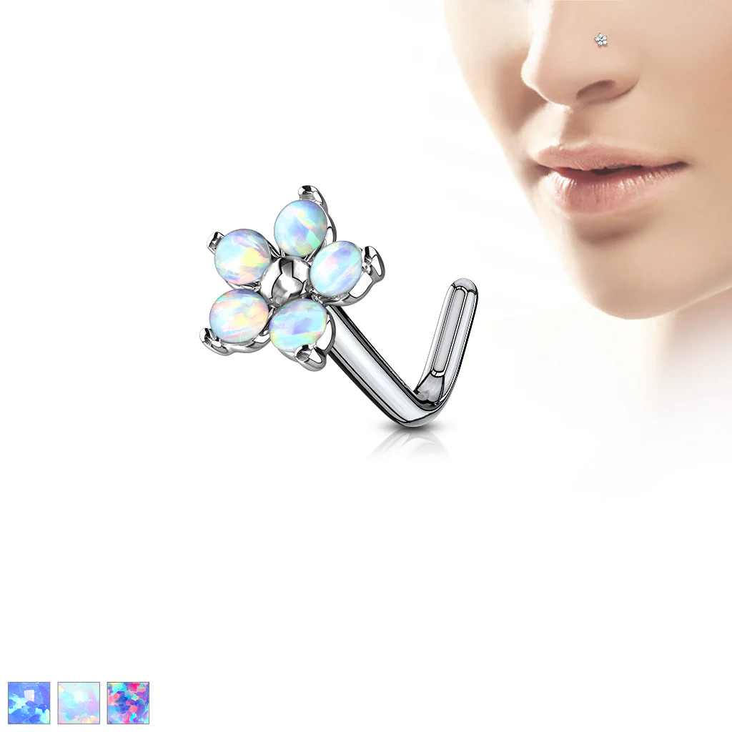 5 Opal Petals Flower Top Surgical Steel L Bend Nose Stud Rings - Image 4