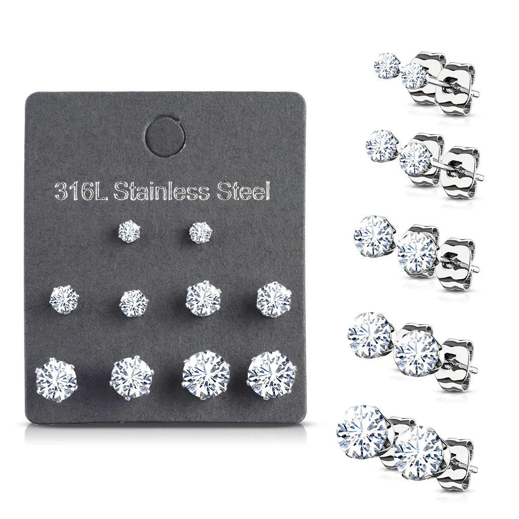5 Pairs Of Mixed Size Prong Set CZ Stainless Steel Stud Earrings Pack - Image 11