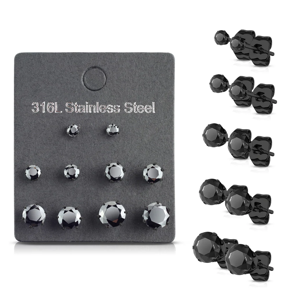 5 Pairs Of Mixed Size Prong Set CZ Stainless Steel Stud Earrings Pack - Image 12
