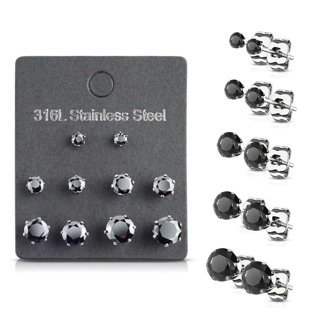 5 Pairs Of Mixed Size Prong Set CZ Stainless Steel Stud Earrings Pack - Image 2