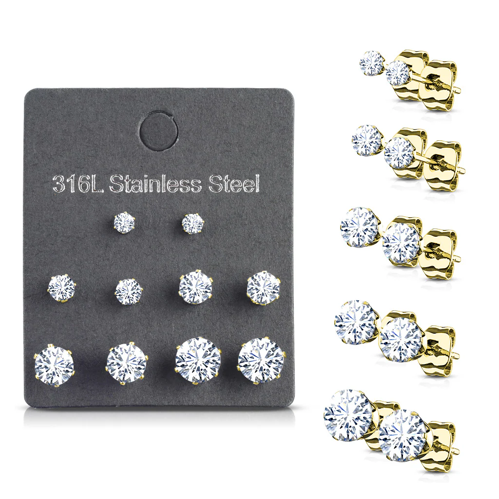 5 Pairs Of Mixed Size Prong Set CZ Stainless Steel Stud Earrings Pack - Image 4