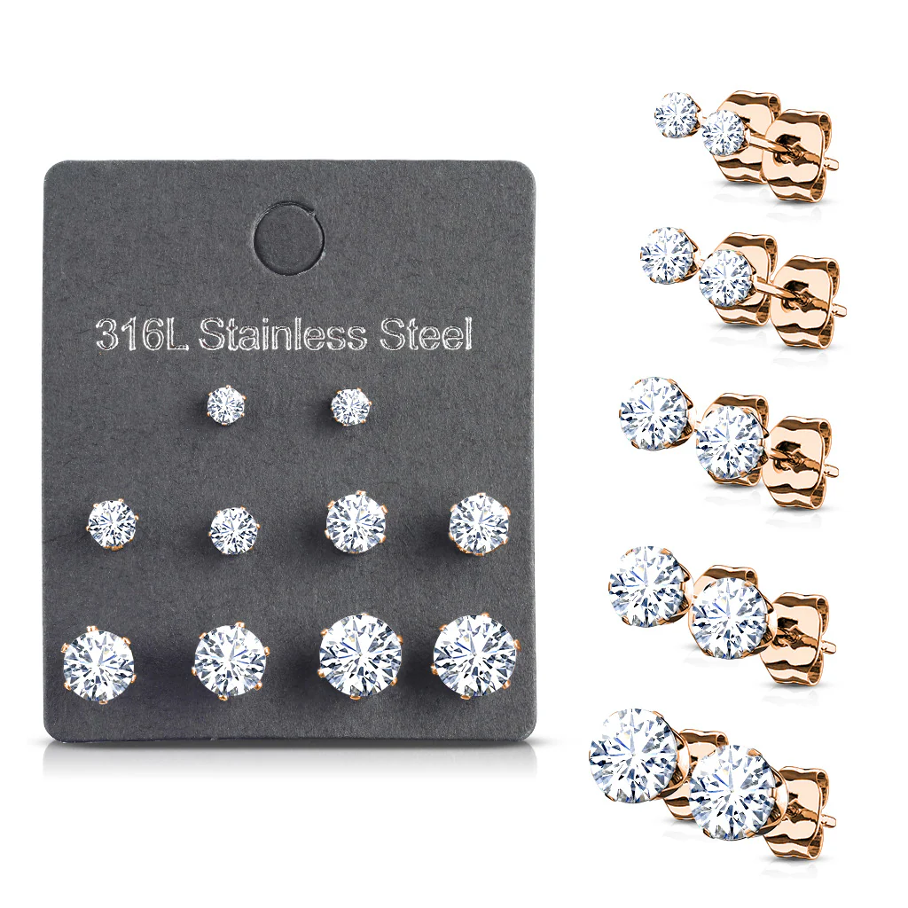 5 Pairs Of Mixed Size Prong Set CZ Stainless Steel Stud Earrings Pack - Image 5