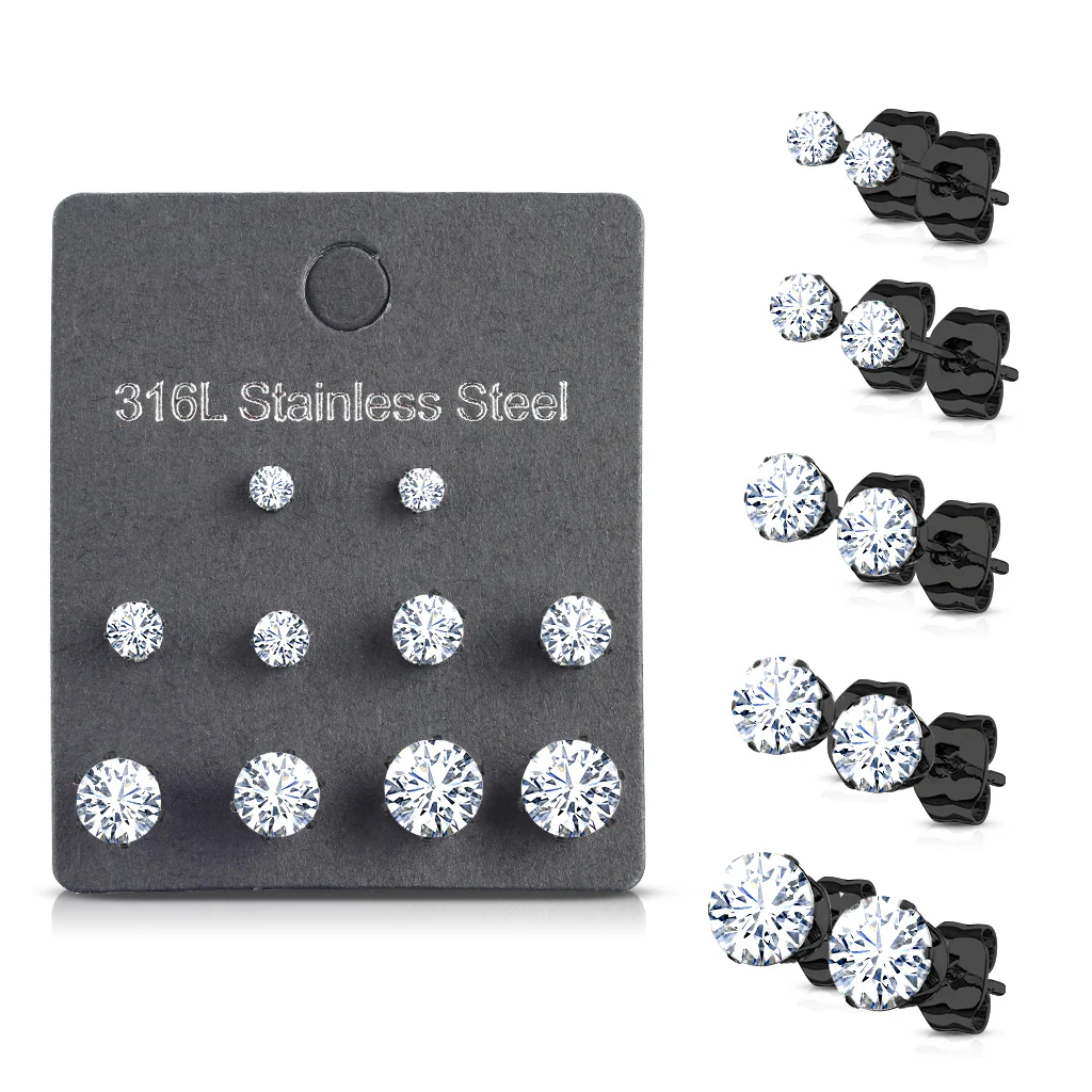 5 Pairs Of Mixed Size Prong Set CZ Stainless Steel Stud Earrings Pack - Image 6