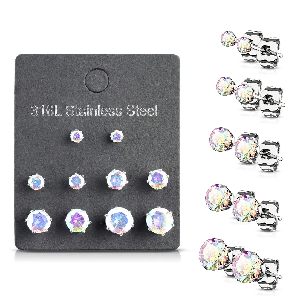 5 Pairs Of Mixed Size Prong Set CZ Stainless Steel Stud Earrings Pack - Image 8