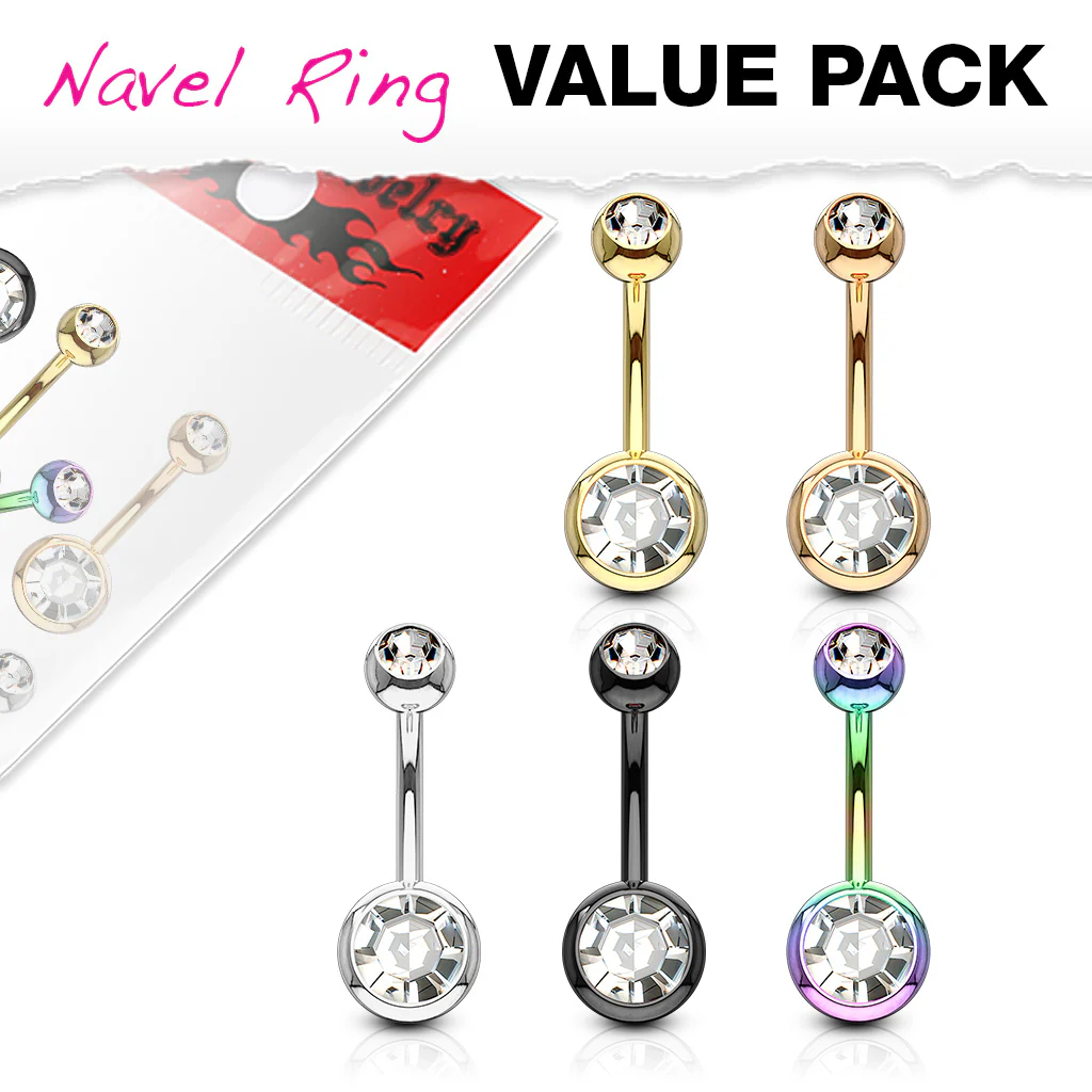 5 Pc Value Pack Of Titanium Double CZ  Navel Belly Button Rings