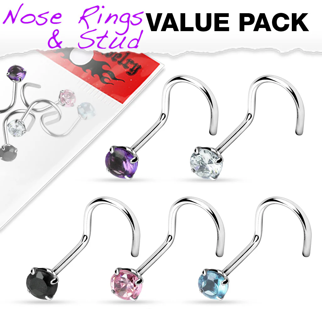 5 Pcs Set Surgical Steel Prong Set 3 MM CZ Nose Screws