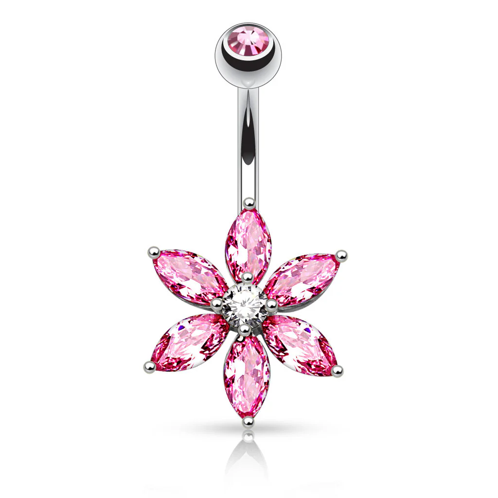 6 Marquise Cut CZ Petal Flower Navel Belly Button Ring - Image 3