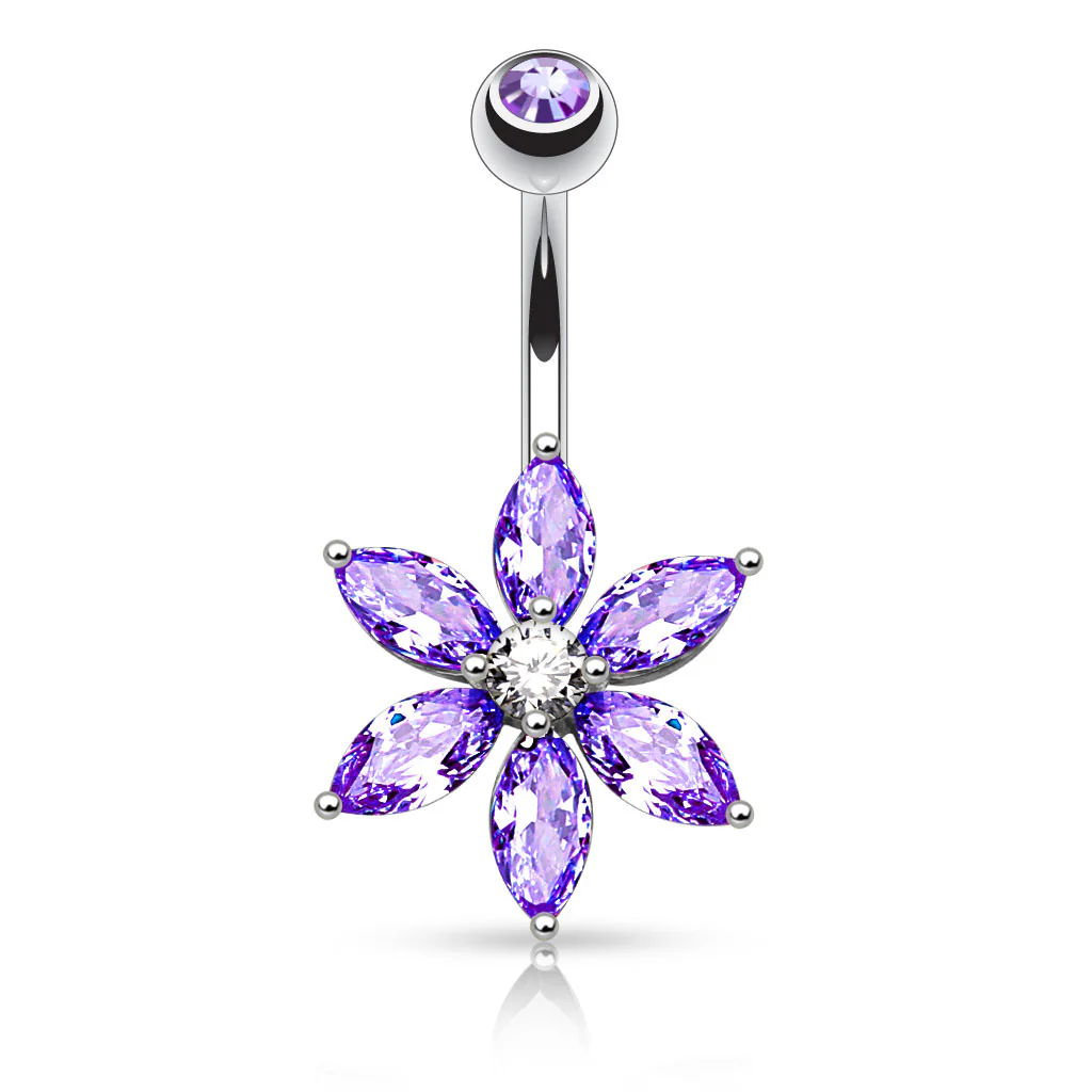 6 Marquise Cut CZ Petal Flower Navel Belly Button Ring - Image 6
