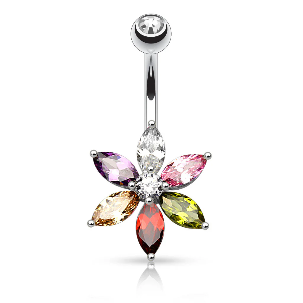 6 Marquise Cut CZ Petal Flower Navel Belly Button Ring - Image 7