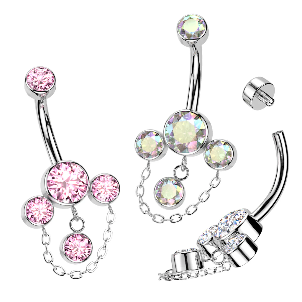 Titanium Bezel Set CZ & Chain Dangle Belly Button Rings - Image 2