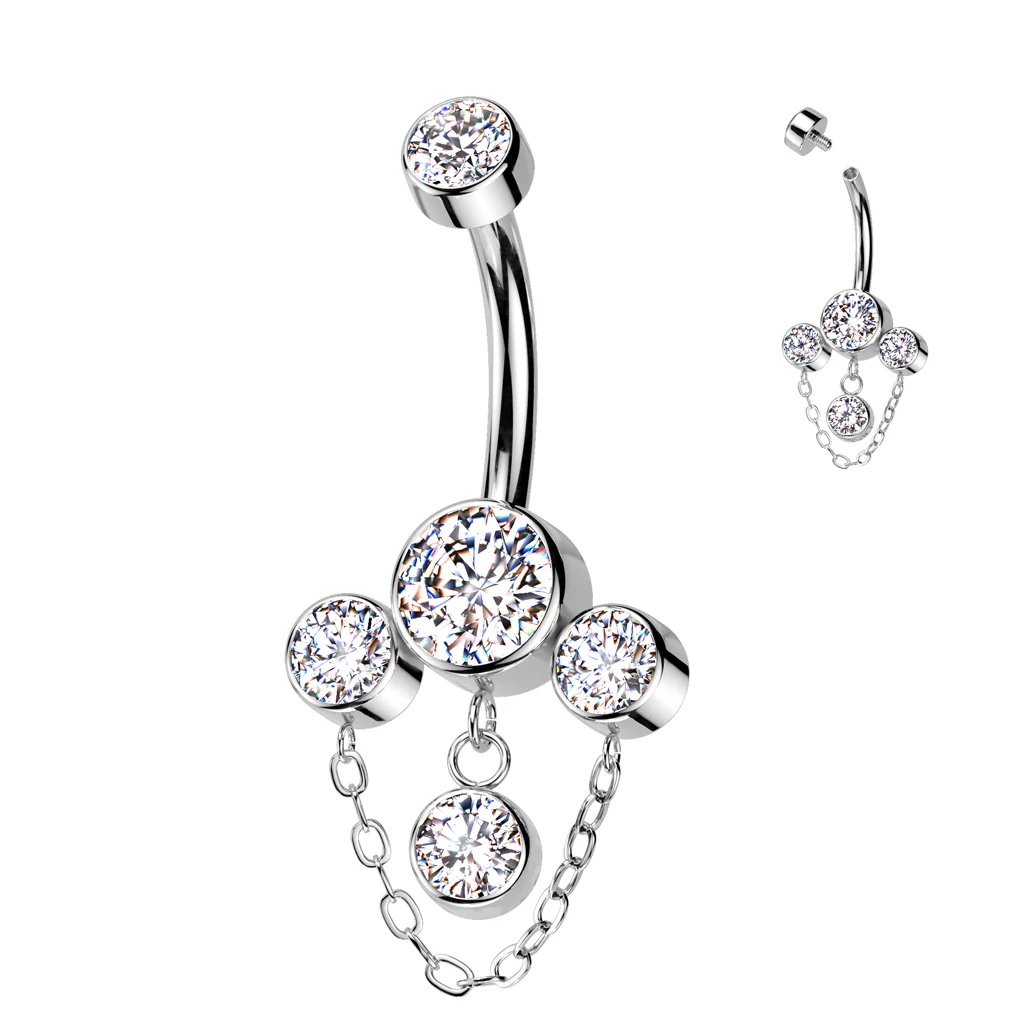 Titanium Bezel Set CZ & Chain Dangle Belly Button Rings - Image 3