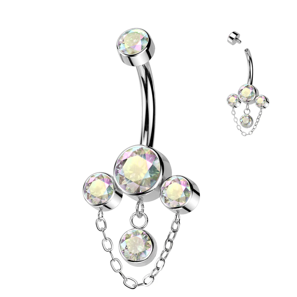 Titanium Bezel Set CZ & Chain Dangle Belly Button Rings - Image 4