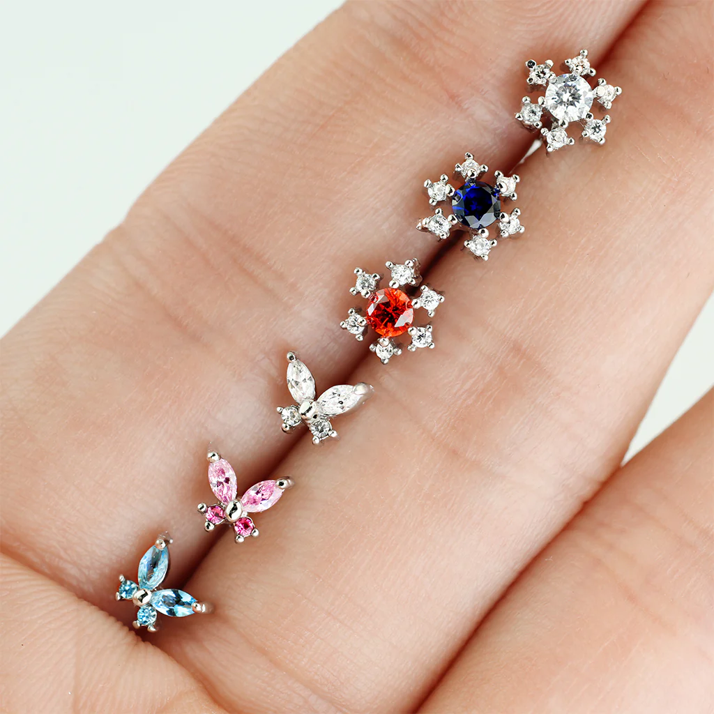 6 Pc 20G CZ Flower Butterfly Surgical Steel L Bend Nose Stud Rings Box - Image 2
