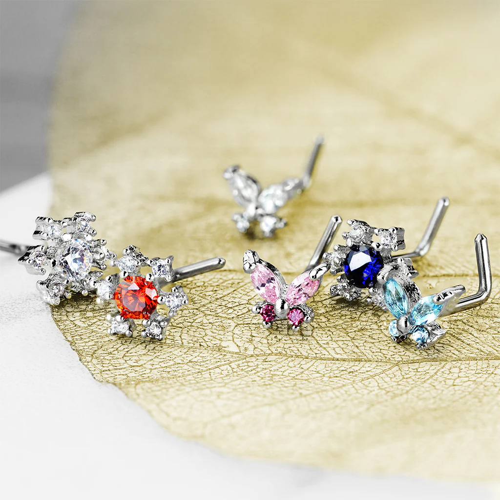 6 Pc 20G CZ Flower Butterfly Surgical Steel L Bend Nose Stud Rings Box - Image 3