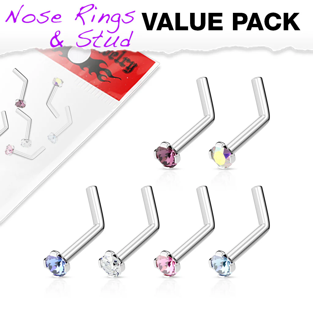 6 Pcs Surgical Steel Prong Set 2 MM CZ L Bend Nose Screws - Image 2
