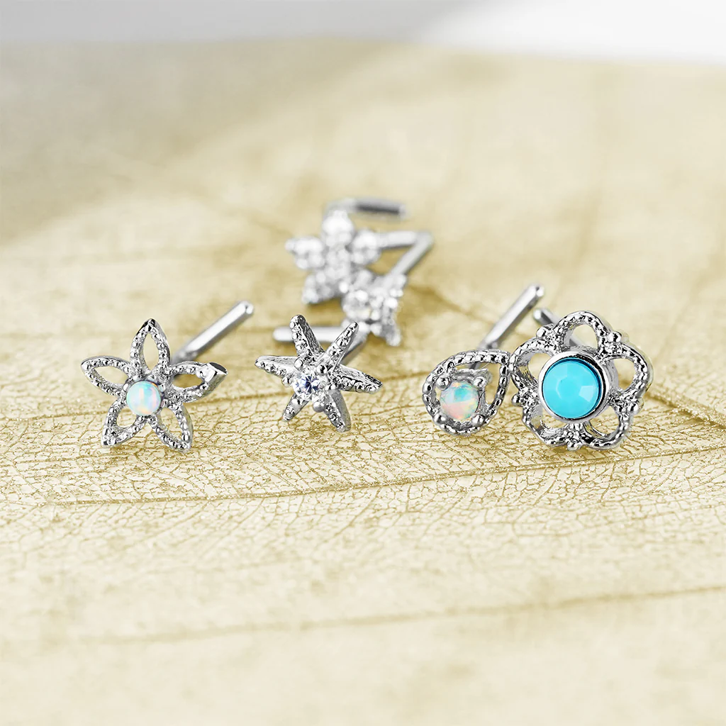 6 Pc 20G Assorted Opal CZ Surgical Steel L Bend Nose Stud Rings Box - Image 3