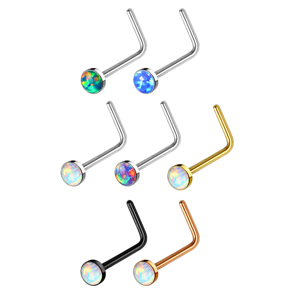 7 Pc Box 20G Opal Set Surgical Steel L Bend Nose Stud Rings - Image 2