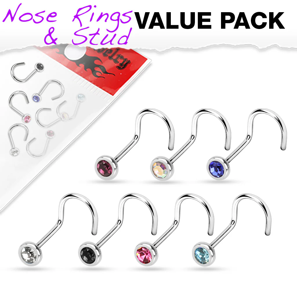 7 Pcs Set Surgical Steel Assorted 2 MM CZ Nose Screws