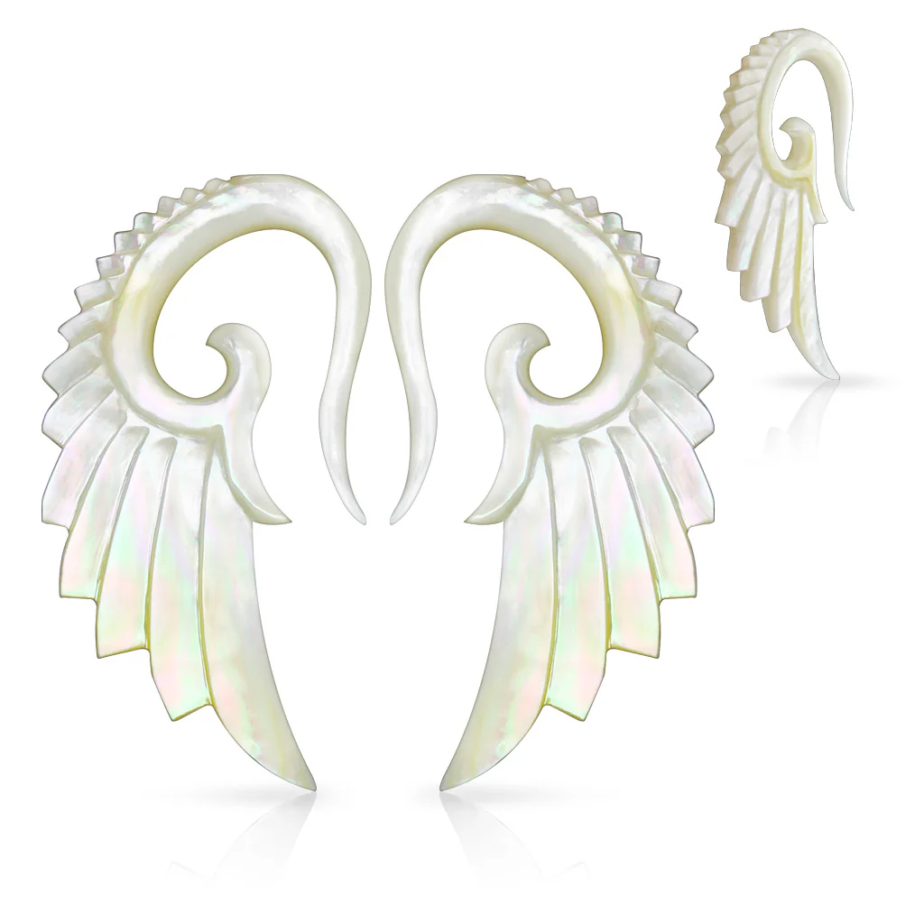 Pair Of Angelic Wing Hand Carved Mother of Pearl Ear Taper Ear Plugs - Image 2