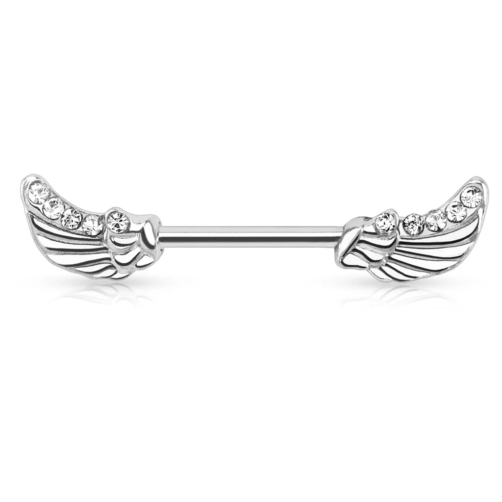 Pair of Angels Wings CZ Surgical Steel Barbell Nipple Rings - Image 2