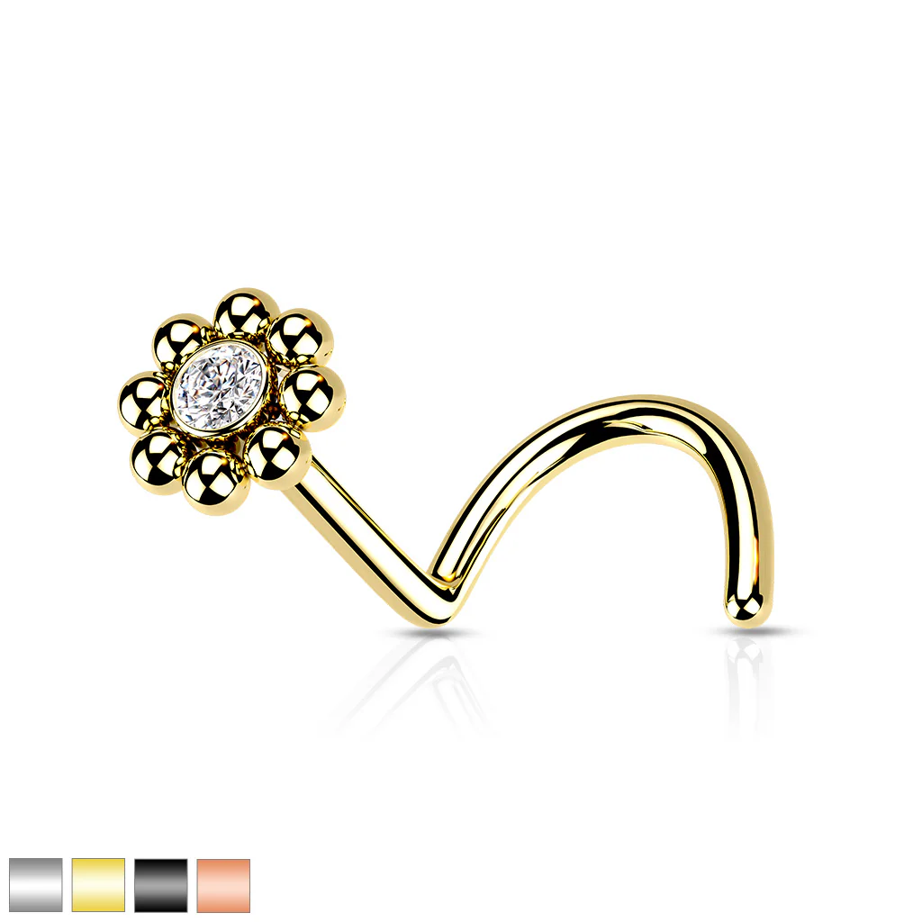 Beaded Ball Edge CZ Center Nose Screw Rings 20G - Image 6