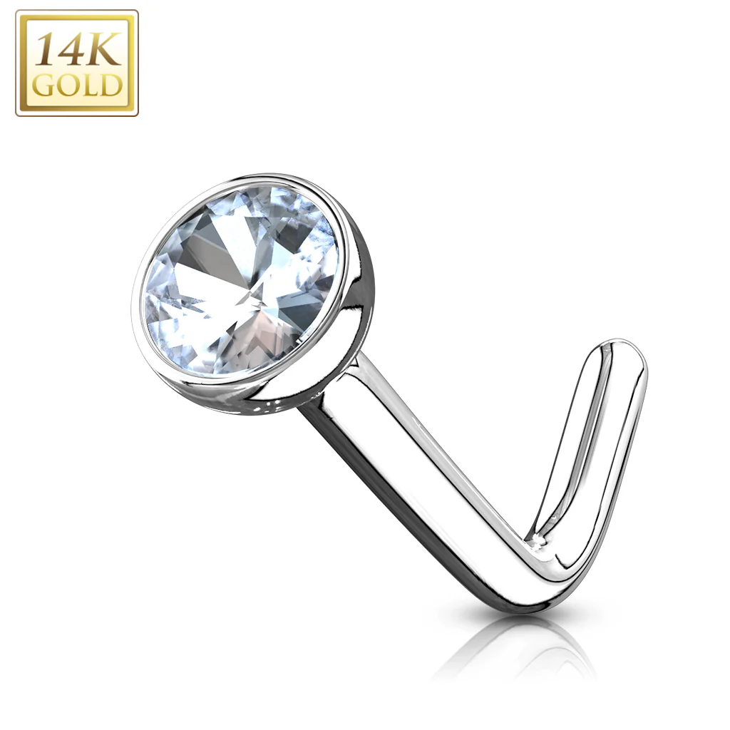 14K Solid Gold Bezel Set CZ Ball L Bend Nose Ring - Image 2