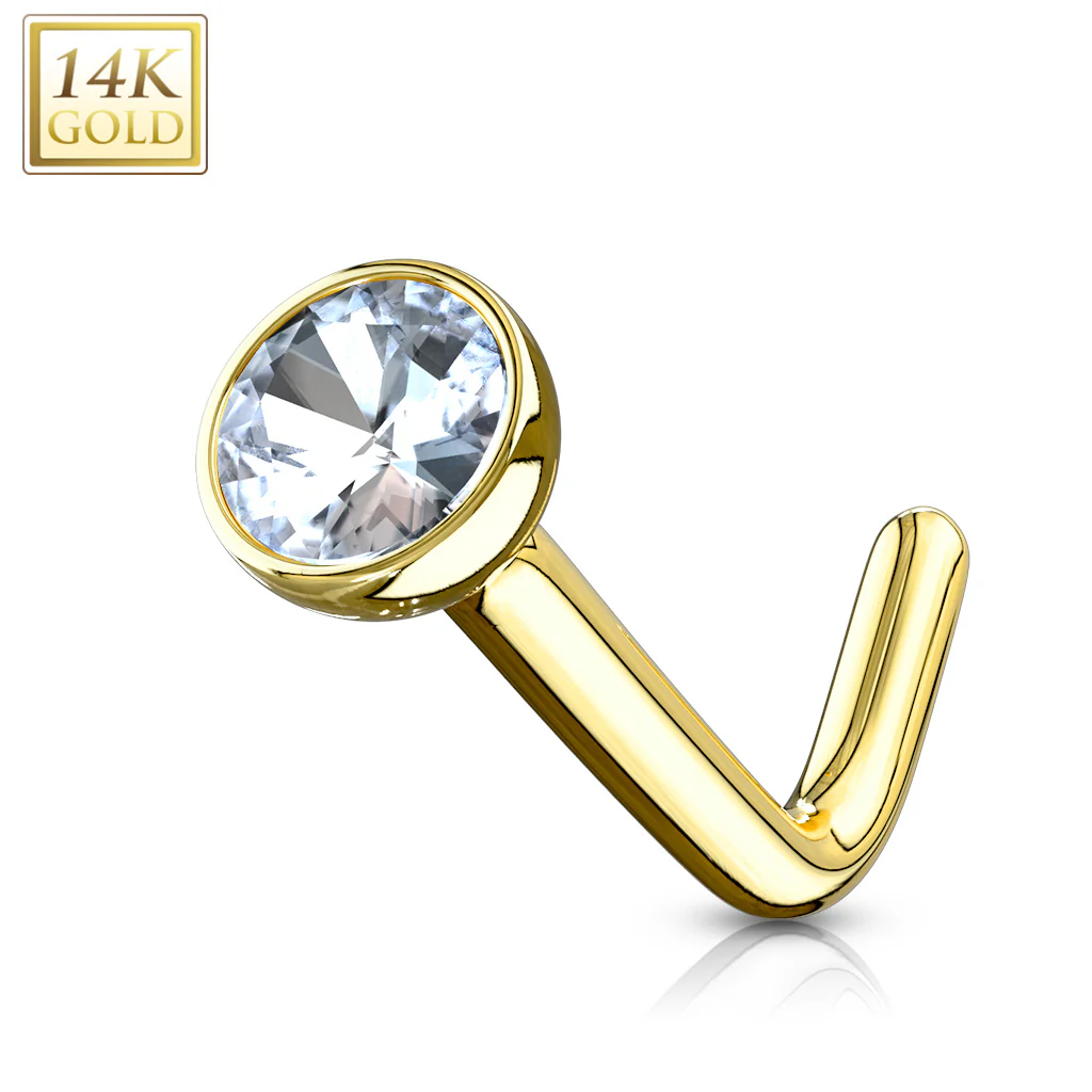 14K Solid Gold Bezel Set CZ Ball L Bend Nose Ring - Image 3