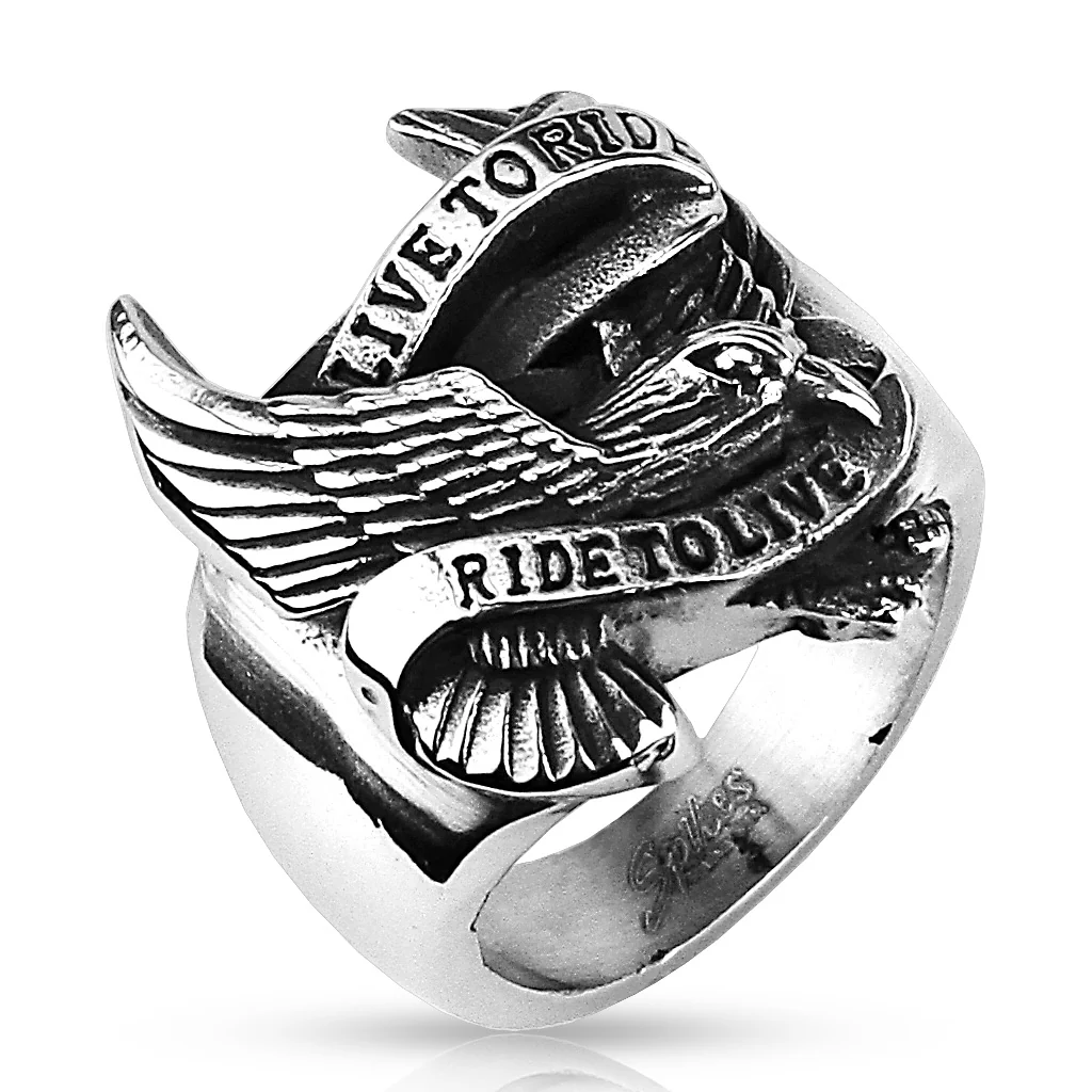 Biker Eagle 'Live to Ride Ride to Live' Wide Stainless Steel Rings