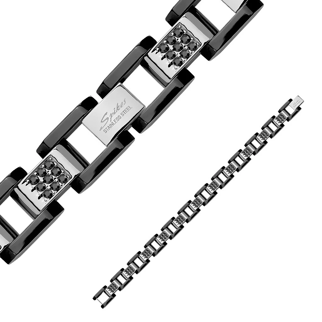 Black IP and Steel Two Tone Box Chain Bracelet with Paved CZ - Image 2