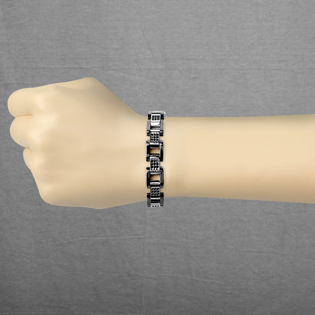 Black IP and Steel Two Tone Box Chain Bracelet with Paved CZ - Image 3