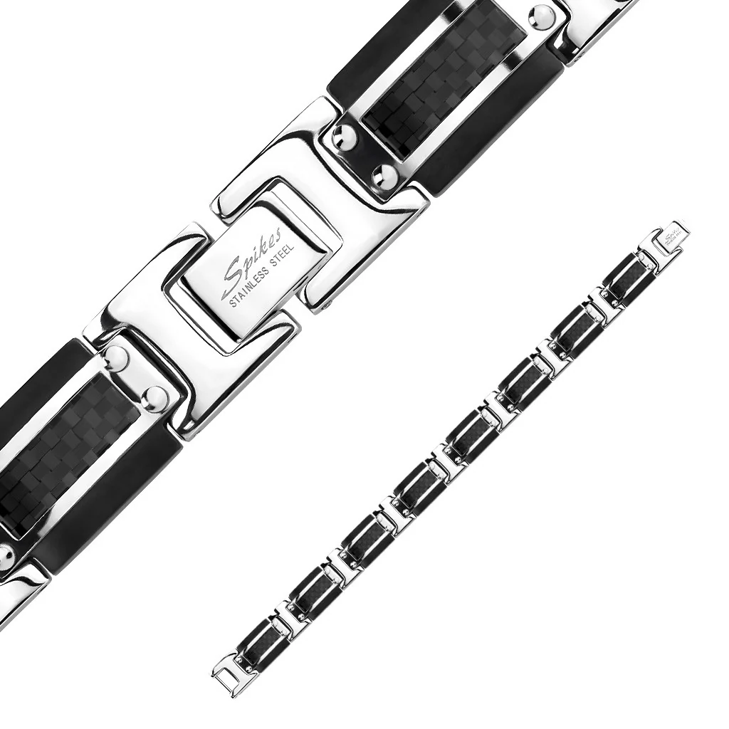 Black IP and Steel Two Tone Bracelet with Black Carbon Fiber Inlay - Image 2