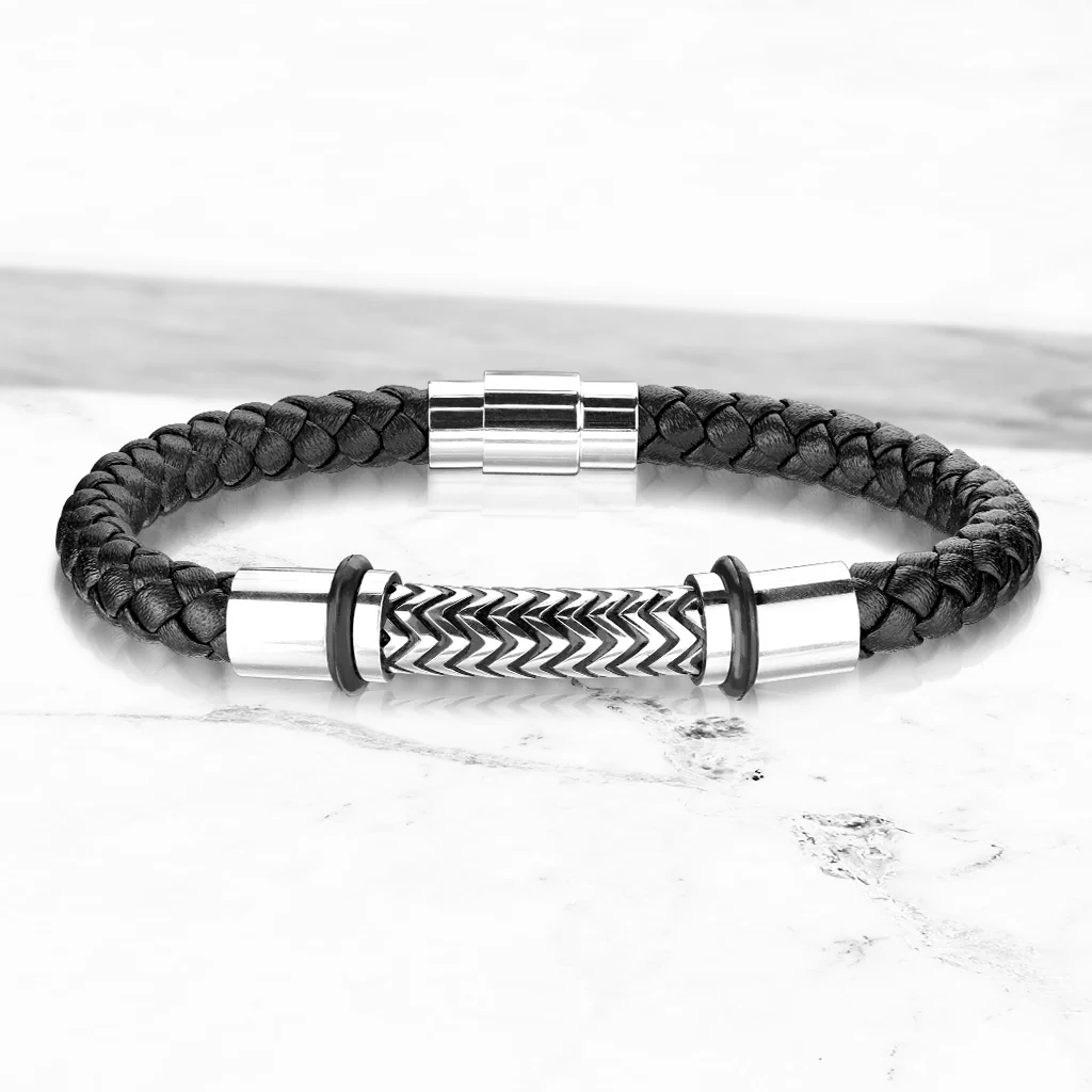 Black Micro Fiber Bolo Leather Cord And Stainless Steel Bracelets