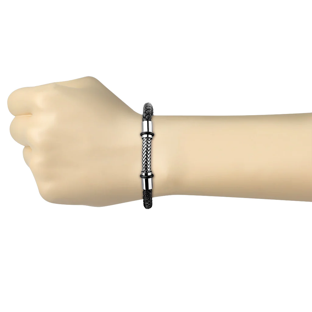 Black Micro Fiber Bolo Leather Cord And Stainless Steel Bracelets - Image 2