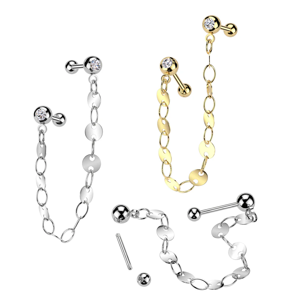 Flat Disc Chain CZ Ear Cartilage Helix Tragus Barbell Earrings - Image 2