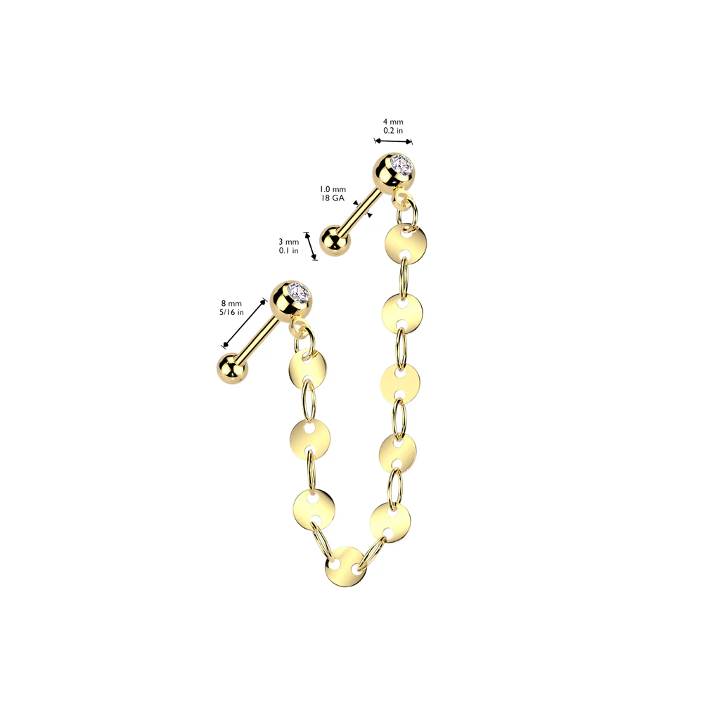 Flat Disc Chain CZ Ear Cartilage Helix Tragus Barbell Earrings - Image 4