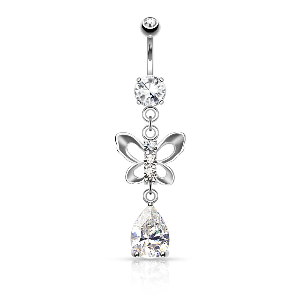 Clear CZ Paved Butterfly and Tear Drop Cut CZ Navel Belly Button Ring - Image 2