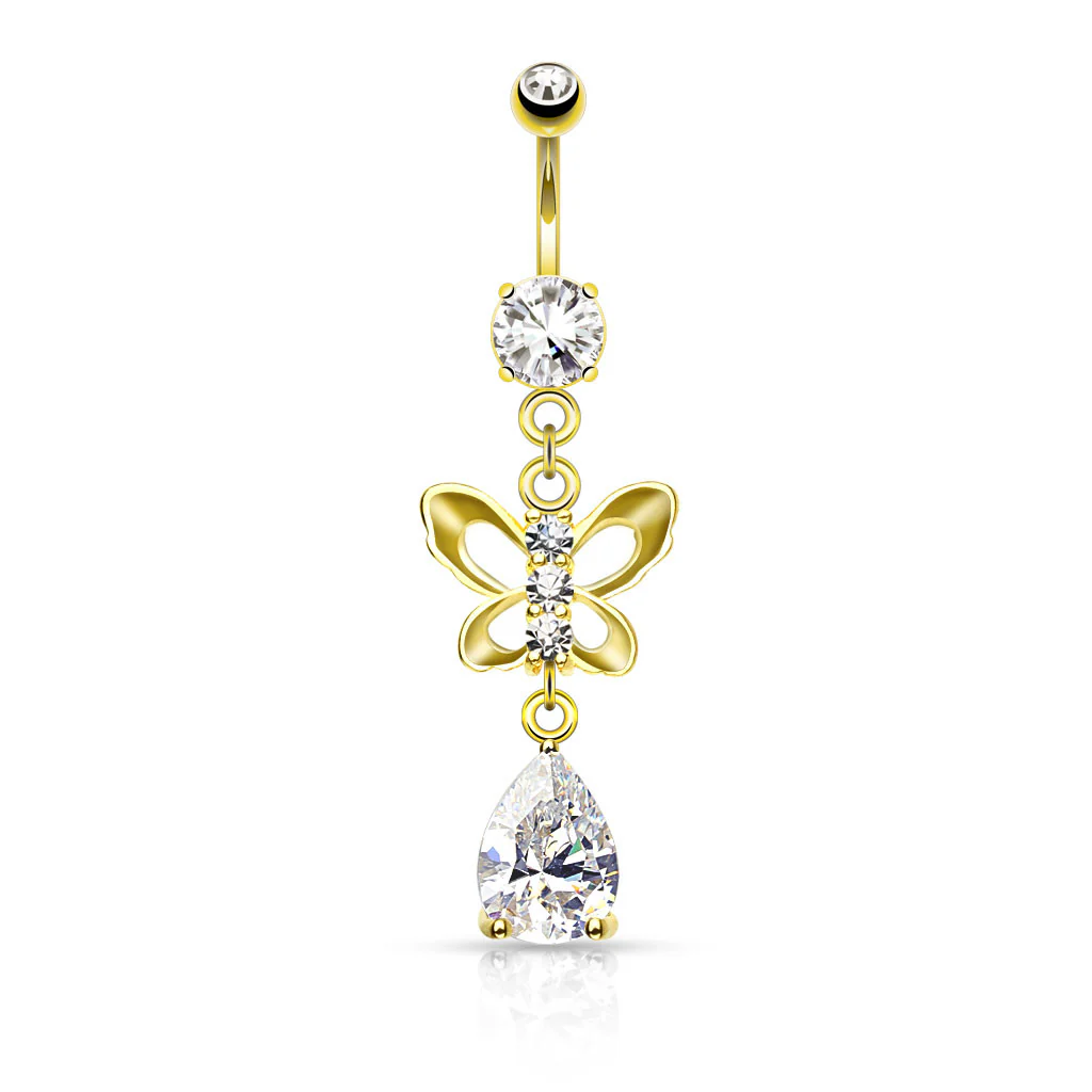 Clear CZ Paved Butterfly and Tear Drop Cut CZ Navel Belly Button Ring - Image 3